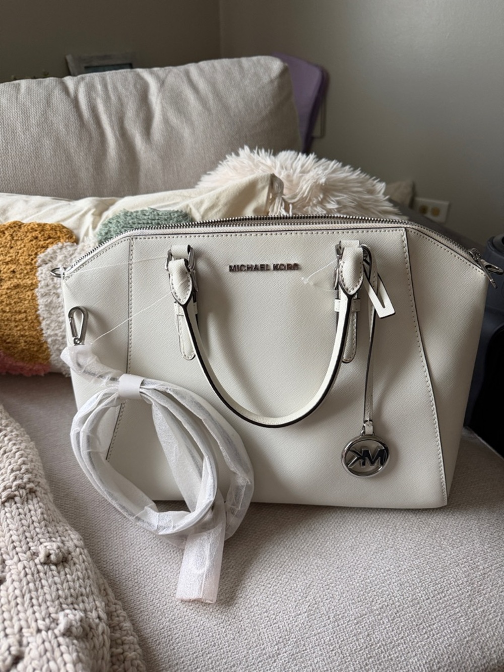Michael Kors White Saffiano Leather Dome Satchel with MK Charm